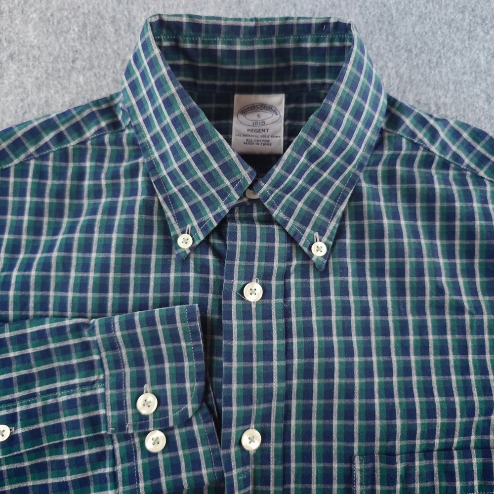 Brooks Brothers Regent Button Down Shirt Mens Small Green Blue Plaid Long Sleeve
